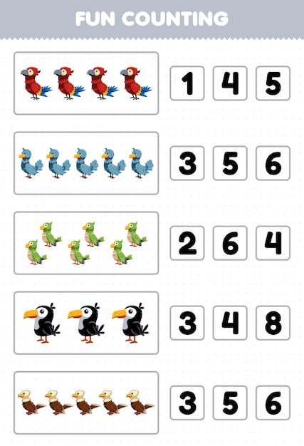 Education game for children fun counting and choosing the correct number of cute cartoon bird animal parrot dove parakeet toucan eagle printable worksheet