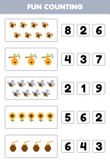 Gioco educativo per bambini divertente contare e scegliere il numero corretto di simpatico cartone animato farfalla alveare ape girasole miele stampabile foglio di lavoro fattoria