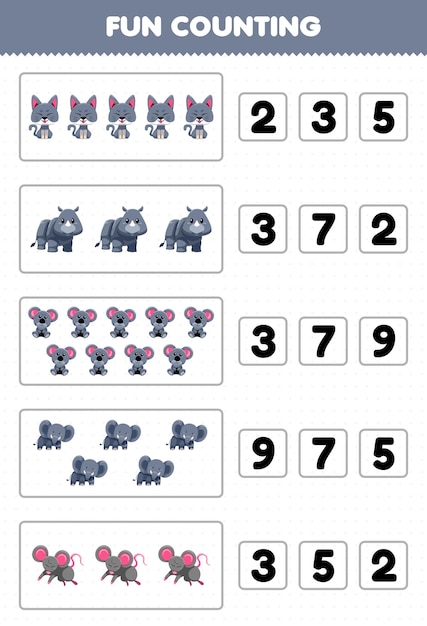 Education game for children fun counting and choosing the correct number of cute cartoon gray animal cat rhino koala elephant mouse printable worksheet