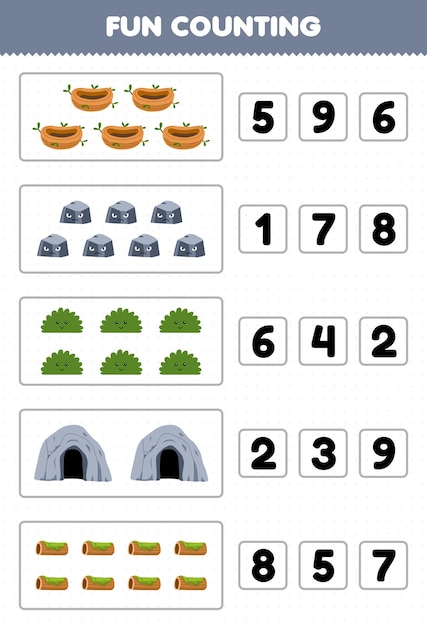 Education game for children fun counting and choosing the correct number of cute cartoon nest stone bush cave wood log printable nature worksheet