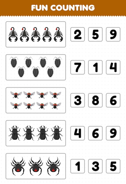 Gioco educativo per bambini divertente contare e scegliere il numero corretto di simpatico cartone animato scorpione pidocchio mosca scarabeo ragno foglio di lavoro bug stampabile