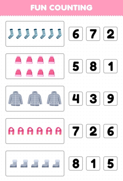 아이들을 위한 교육 게임은 귀여운 만화 양말 비니 코트 스카프 부팅 인쇄용 겨울 워크시트의 정확한 숫자를 세고 선택하는 것을 즐겁게 합니다.