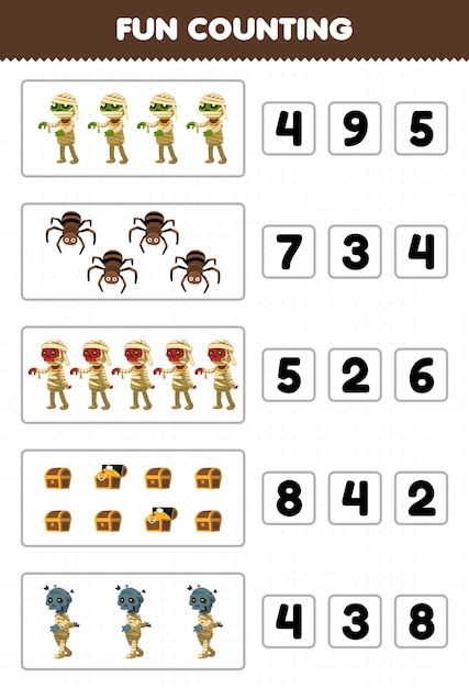 Education game for children fun counting and choosing the correct number of cute cartoon treasure chest spider mummy halloween printable worksheet