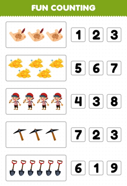 Education game for children fun counting and choosing the correct number of cute cartoon treasure map gold boy pickaxe shovel printable pirate worksheet