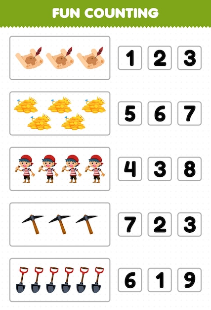 아이들을 위한 교육 게임은 귀여운 만화 보물 지도 금색 소년 곡괭이 삽 인쇄 가능한 해적 워크시트의 정확한 수를 세고 선택하는 것을 즐겁게 합니다.