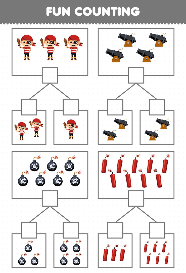 Vector education game for children fun counting picture in each box of cute cartoon boy cannon bomb and dynamite printable pirate worksheet