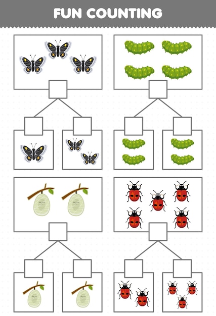 Gioco educativo per bambini divertente contando l'immagine in ogni scatola del simpatico cartone animato farfalla bruco bozzolo coccinella foglio di lavoro bug stampabile