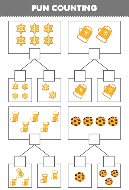 귀여운 만화 쿠키 인쇄용 겨울 워크시트의 각 상자에 그림을 세는 어린이를 위한 교육 게임