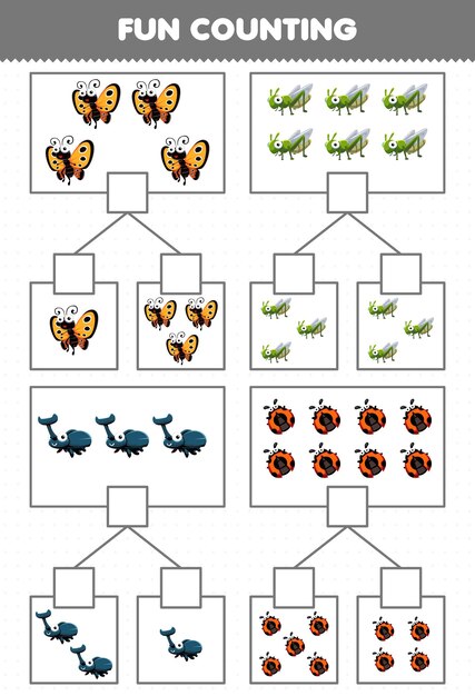 Education game for children fun counting picture in each box of cute cartoon insect animal butterfly grasshopper beetle ladybug printable worksheet