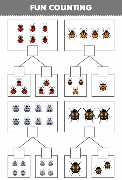 Gioco educativo per bambini divertente conteggio immagine in ogni scatola di foglio di lavoro bug stampabile coccinella simpatico cartone animato