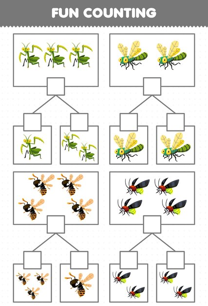 かわいい漫画のカマキリ、トンボ、ハチ、ホタル、印刷可能な虫のワークシートの各ボックスの絵を数える子供向けの楽しい教育ゲーム