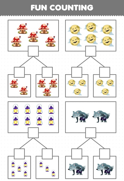 かわいい漫画のキノコの家の各ボックスの絵を数える子供向けの楽しい教育ゲーム 月のランタン 狼男 ハロウィーン 印刷可能なワークシート