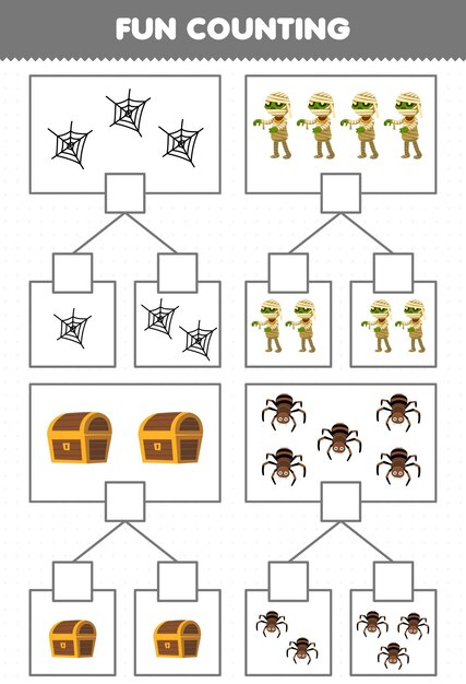 Образовательная игра для детей, весело подсчитывающая картинку в каждой коробке с милым мультяшным паутиной, костюм мумии, костюм мумии на Хэллоуин, рабочий лист для печати
