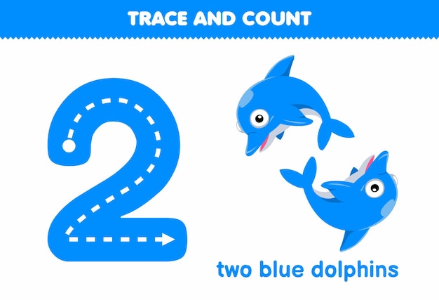 Education game for children fun counting two blue dolphins printable underwater worksheet