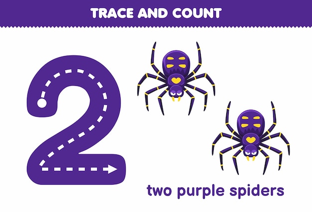 2 つの紫色のクモを数えて楽しむ子供向けの教育ゲーム 印刷可能なバグ ワークシート