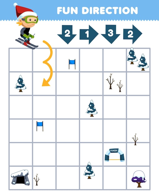 Education game for children fun direction help boy playing ski move according to the numbers on the arrows printable winter worksheet