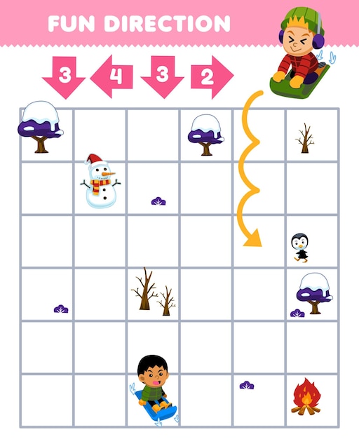 Education game for children fun direction help kid playing sled move according to the numbers on the arrows printable winter worksheet