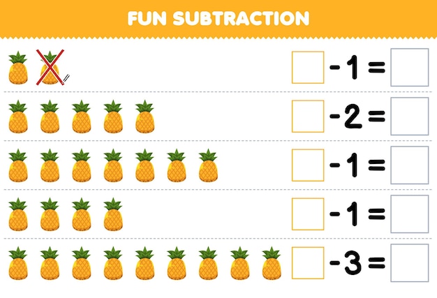 Образовательная игра для детей: веселое вычитание путем подсчета мультяшных ананасов в каждом ряду и исключения его из распечатываемого листа с фруктами