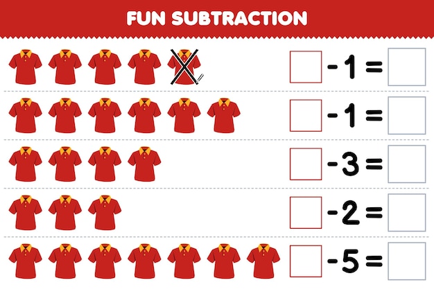 Education game for children fun subtraction by counting cartoon red polo shirt in each row and eliminating it printable wearable clothes worksheet