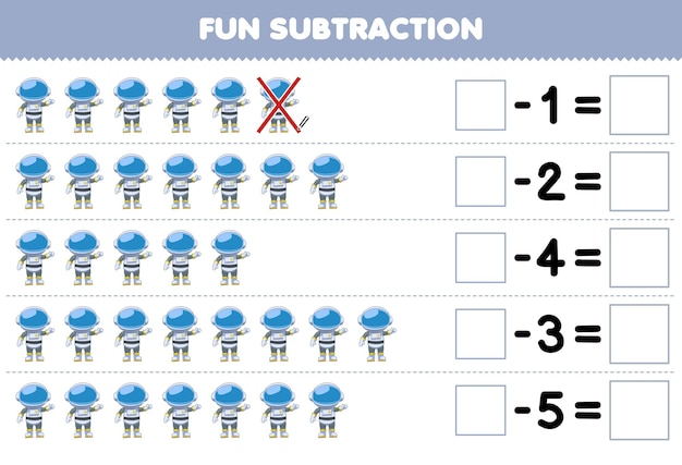 Education game for children fun subtraction by counting cute cartoon astronaut in each row and eliminating it printable solar system worksheet