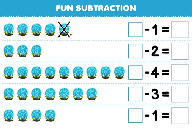 Education game for children fun subtraction by counting cute cartoon blue magic orb in each row and eliminating it printable halloween worksheet