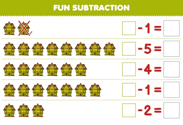 Education game for children fun subtraction by counting cute cartoon green spooky house in each row and eliminating it printable halloween worksheet