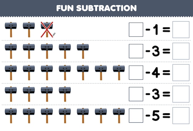 Education game for children fun subtraction by counting cute cartoon hammer in each row and eliminating it printable tool worksheet