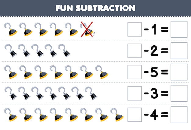 Education game for children fun subtraction by counting cute cartoon hook in each row and eliminating it printable pirate worksheet