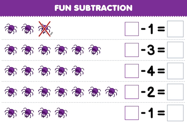 Education game for children fun subtraction by counting cute cartoon purple spider in each row and eliminating it printable animal worksheet