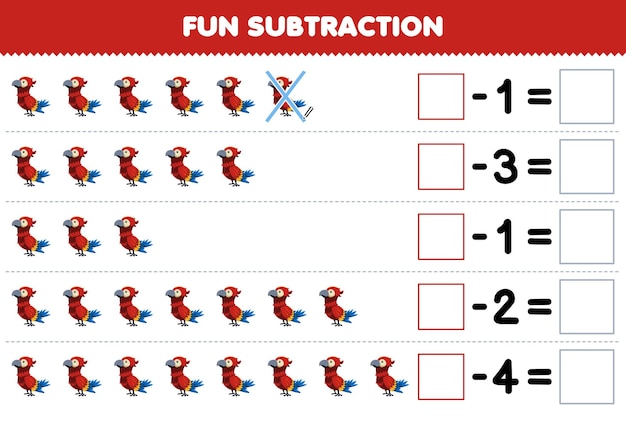 Gioco educativo per bambini divertente sottrazione contando l'uccello pappagallo rosso simpatico cartone animato in ogni riga ed eliminandolo foglio di lavoro animale stampabile