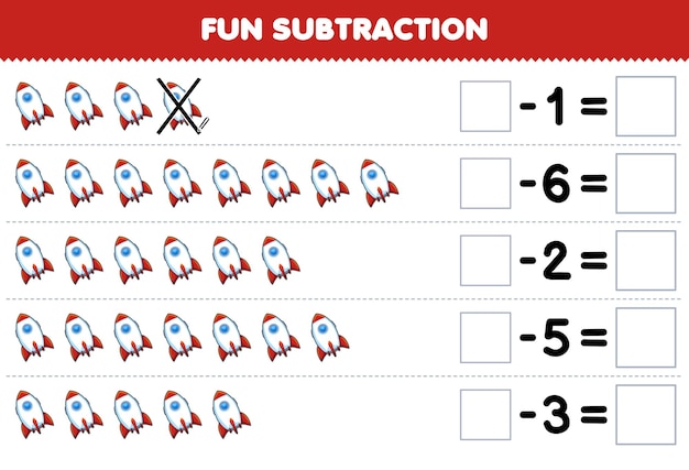 Education game for children fun subtraction by counting cute cartoon rocket in each row and eliminating it printable solar system worksheet
