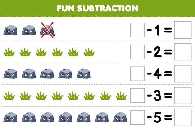 Gioco educativo per bambini divertente sottrazione contando la pietra e l'erba dei simpatici cartoni animati ogni riga ed eliminando il foglio di lavoro della natura stampabile