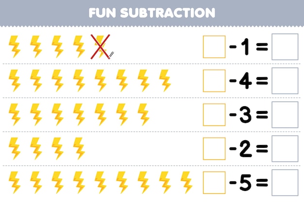 Education game for children fun subtraction by counting cute cartoon thunder each row and eliminating it printable nature worksheet