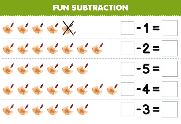 Vettore gioco educativo per bambini divertente sottrazione contando la simpatica mappa del tesoro dei cartoni animati in ogni riga ed eliminandola foglio di lavoro pirata stampabile