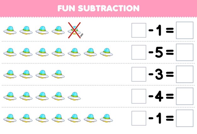 Education game for children fun subtraction by counting cute cartoon ufo in each row and eliminating it printable solar system worksheet