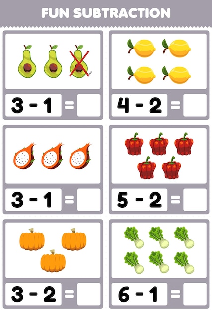 Education game for children fun subtraction by counting and eliminating cartoon fruits and vegetables avocado lemon dragon fruit paprika pumpkin lettuce worksheet