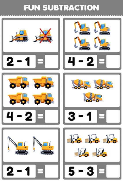 Vettore gioco educativo per bambini divertente sottrazione contando ed eliminando le immagini di trasporto di macchine pesanti dei cartoni animati