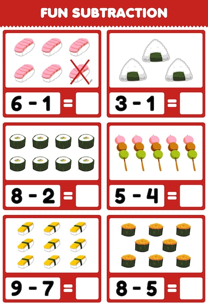 만화 일본 음식 스시 주먹밥 당고 워크 시트를 세고 제거하여 어린이를위한 교육 게임 재미있는 뺄셈