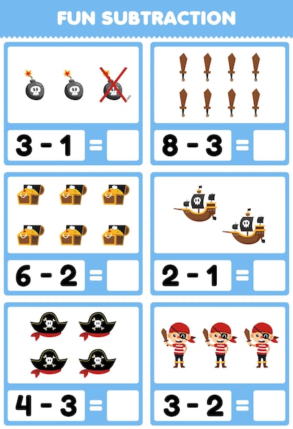 Education game for children fun subtraction by counting and eliminating cute cartoon bomb wooden sword treasure chest ship hat pirate costume halloween printable worksheet