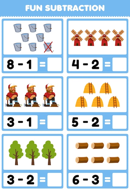 Education game for children fun subtraction by counting and eliminating cute cartoon bucket windmill woodcutter haystack tree wood log printable farm worksheet