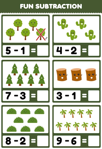 Education game for children fun subtraction by counting and eliminating cute cartoon cactus tree bush wood log printable nature worksheet