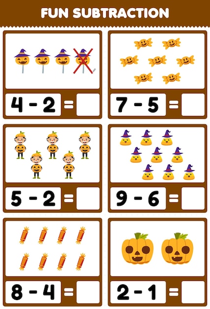 Education game for children fun subtraction by counting and eliminating cute cartoon corn candy pumpkin boy costume halloween printable worksheet