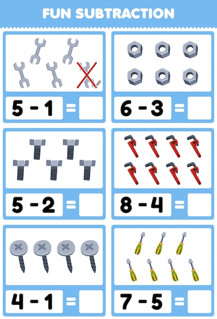 Vector education game for children fun subtraction by counting and eliminating cute cartoon wrench bolt nut wrench screw screwdriver printable tool worksheet