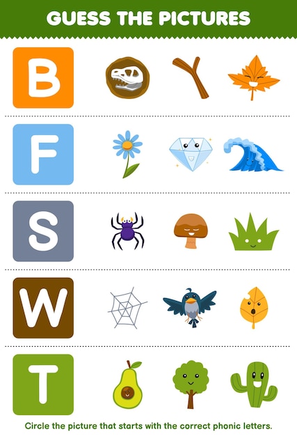 Education game for children guess the correct picture for phonic word that starts with letter B F S W and T printable nature worksheet