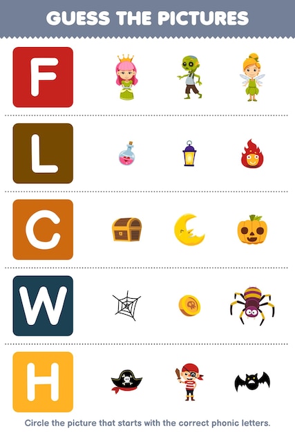 Education game for children guess the correct picture for phonic word that starts with letter F L C W and H printable halloween worksheet