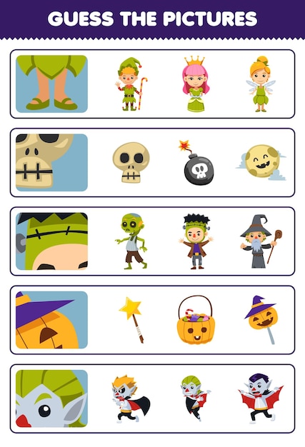 Education game for children guess the correct pictures of cute cartoon fairy skull frankenstein candy dracula costume halloween printable worksheet