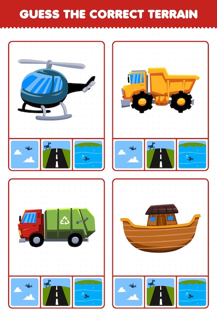 Education game for children guess the correct terrain air land\
or water of cartoon transportation helicopter dump truck garbage\
truck ark printable worksheet