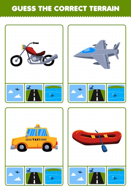 Education game for children guess the correct terrain air land\
or water of cartoon transportation motorcycle jet fighter taxi\
inflatable boat printable worksheet