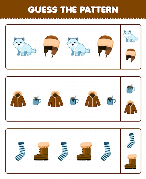 Education game for children guess the pattern each row from cute cartoon arctic fox hat jacket sock boot printable winter worksheet