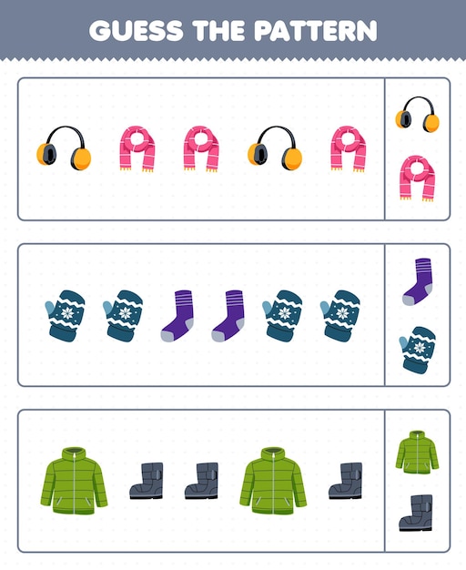 아이들을 위한 교육 게임은 귀여운 만화 귀덮개 스카프 벙어리 양말 코트 부츠 인쇄 가능한 겨울 워크시트에서 각 행의 패턴을 추측합니다.